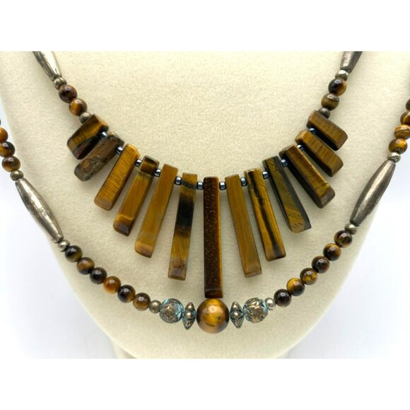 Vintage Tigers Eye & Silver Double Strand Beaded Hand Crafted Statement Necklace - Picture 2 of 9